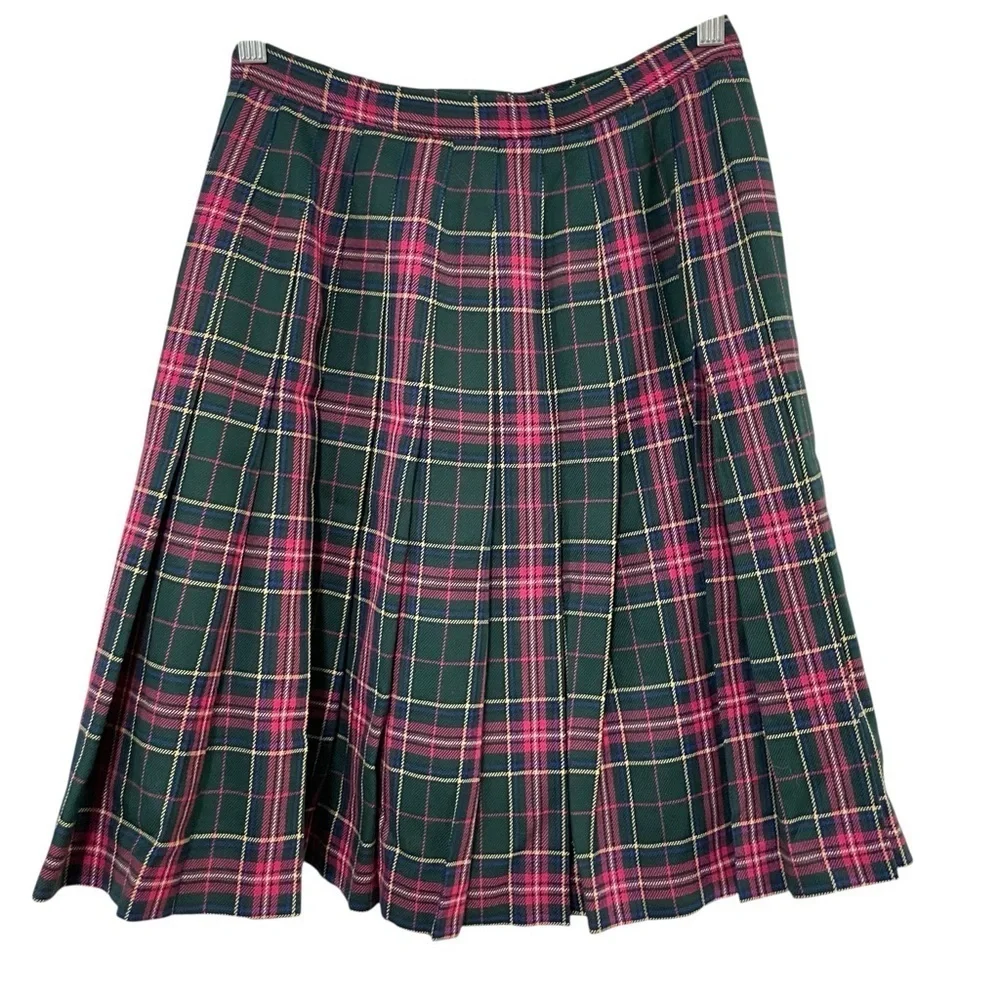 Pendleton Petite Wool Plaid Tartan Skirt Green Pink Size 8 Vintage USA